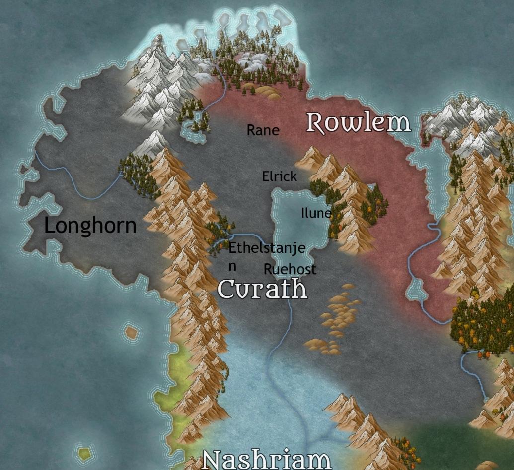 Map of Curath, showing the six noble estates around Lake Drazieu — Longhorn on the western coast, Rane and Elrick to the north, Ilune and Ruehost on the lake, Ethelstanjen at its western shore — with Rowlem bordering to the northeast and Nashriam to the south.