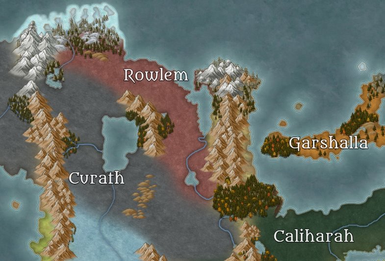 Map of the northwestern continent, with Rowlem shaded red along the coast, bordered by Curath to the south-west, Garshalla across the water to the east and Caliharah to the south-east.
